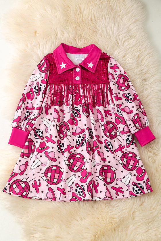 Fuchsia Western disco printed girls long sleeve dress. DRG53647 AMY