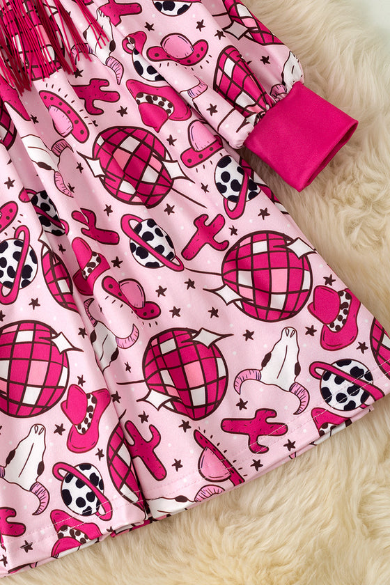 Fuchsia Western disco printed girls long sleeve dress. DRG53647 AMY