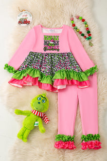  "Merry Grinchmas" Pink & Leopard printed girls 2 piece set. OFG51094 AMY