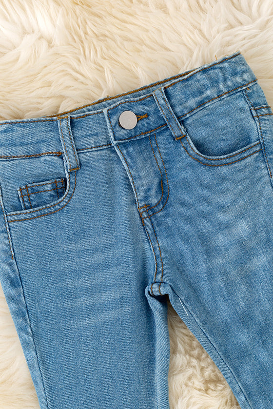 Lt. Blue ruffle trim bootcut denim pants. PNG50700 SOL