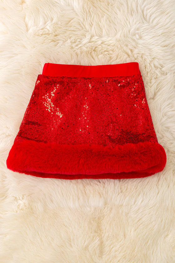 Red sequins skirt with faux fur trim. DRG53536 SOL