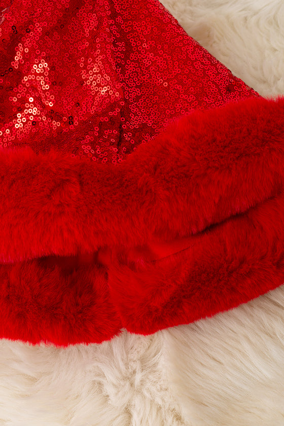 Red sequins skirt with faux fur trim. DRG53536 SOL