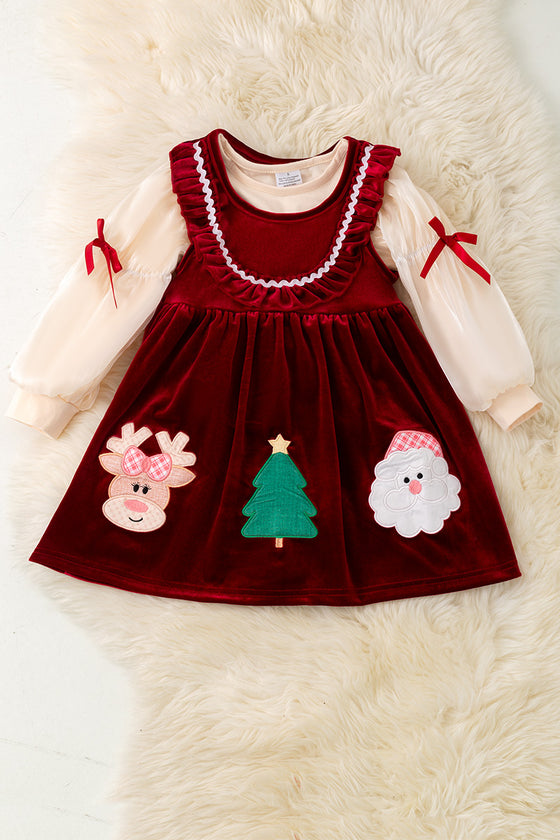Maroon velvety Christmas dress with under shirt. OFG51673 AMY