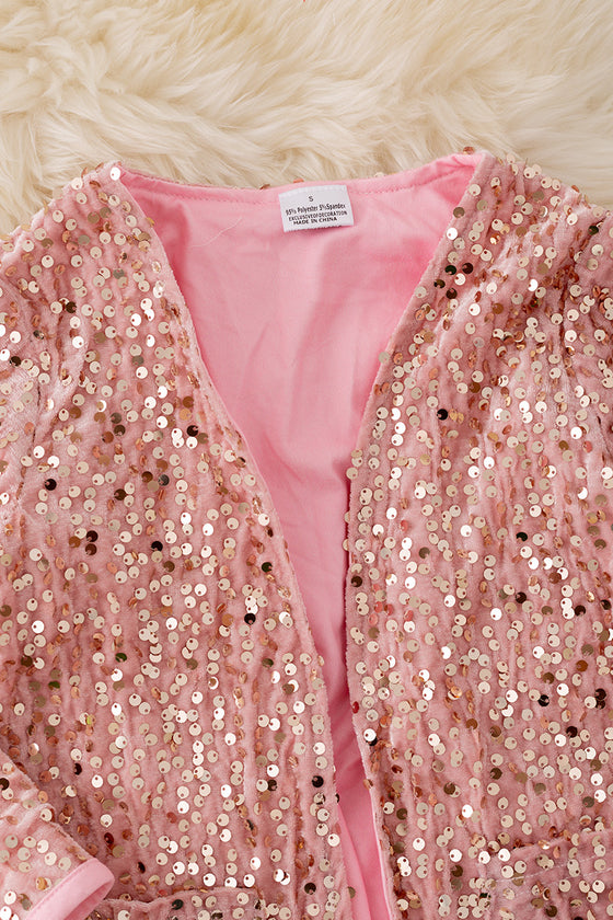 TPG41227 JEAN: Blush sequins cardigan with pockets.