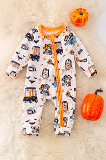  🍁RPB40386 JEAN: Halloween printed baby romper with zipper.