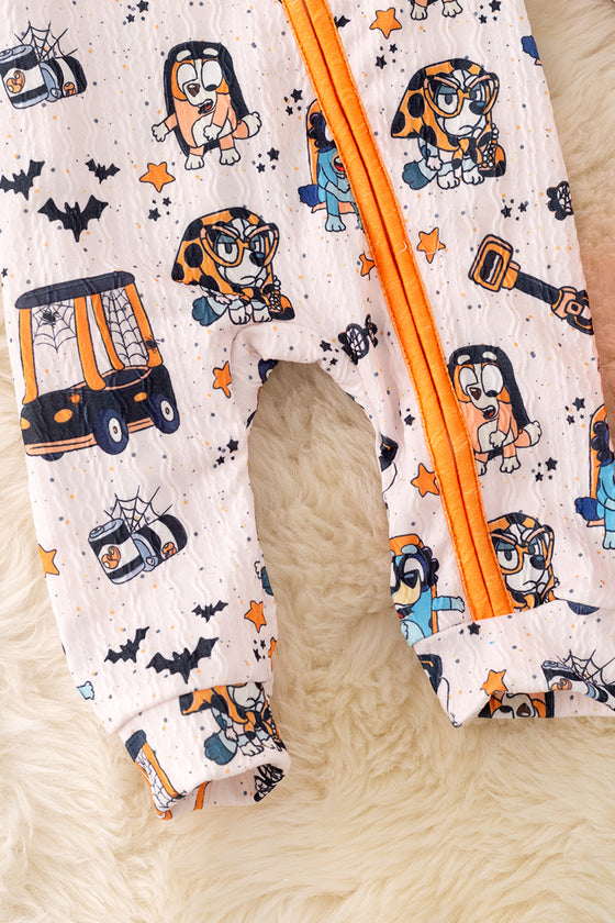 🍁RPB40386 JEAN: Halloween printed baby romper with zipper.