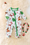 RPB40294 SOL: Santa printed baby onesie w/green trim.