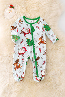  RPB40294 SOL: Santa printed baby onesie w/green trim.