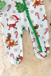 RPB40294 SOL: Santa printed baby onesie w/green trim.