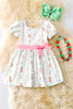 Teddy bear printed on bubble sleeve dress with pink side bow. DRG51354 AMY