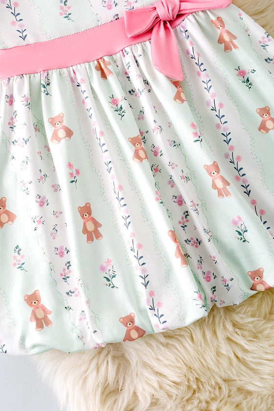 Teddy bear printed on bubble sleeve dress with pink side bow. DRG51354 AMY