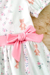 Teddy bear printed on bubble sleeve dress with pink side bow. DRG51354 AMY
