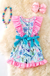 Gone fishing-light blue fish printed romper with ruffle hem. PNG50148 SOL