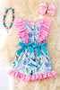 Gone fishing-light blue fish printed romper with ruffle hem. PNG50148 SOL