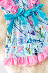 Gone fishing-light blue fish printed romper with ruffle hem. PNG50148 SOL