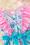 Gone fishing-light blue fish printed romper with ruffle hem. PNG50148 SOL