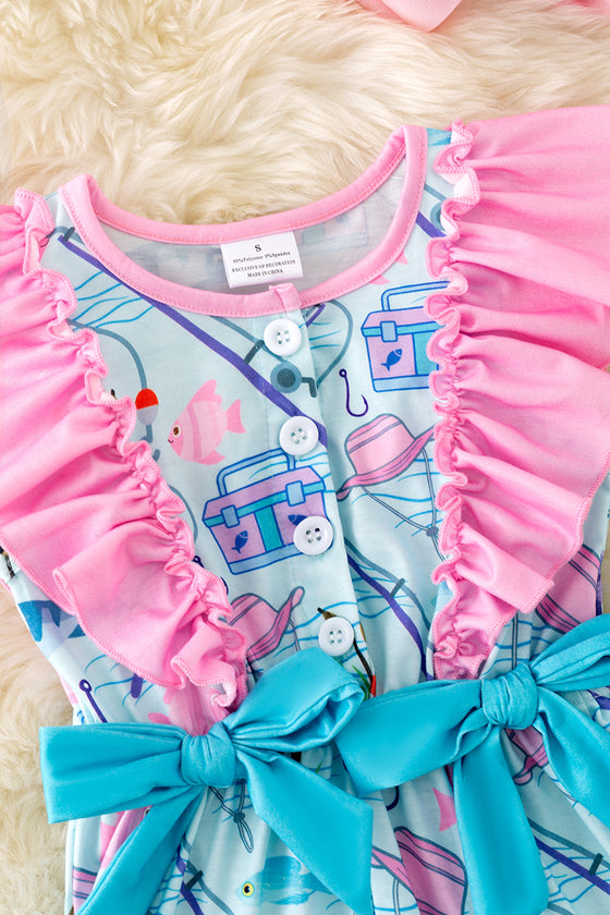 Gone fishing-light blue fish printed romper with ruffle hem. PNG50148 SOL
