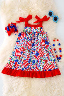  Patriotic printed dress w/red ruffle hem. DRG41504 SOL