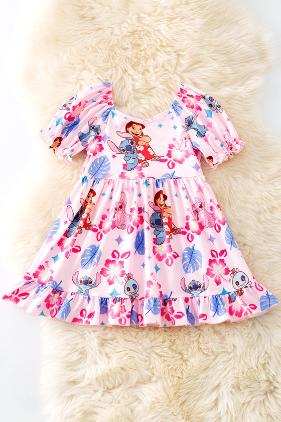 Lt.pink character printed girls dress w/bubble sleeve. DRG51603 AMY