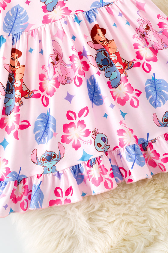 Lt.pink character printed girls dress w/bubble sleeve. DRG51603 AMY