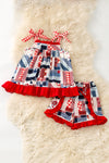 Patriotic multi-printed patch 2 piece short set. OFG60750 AMY