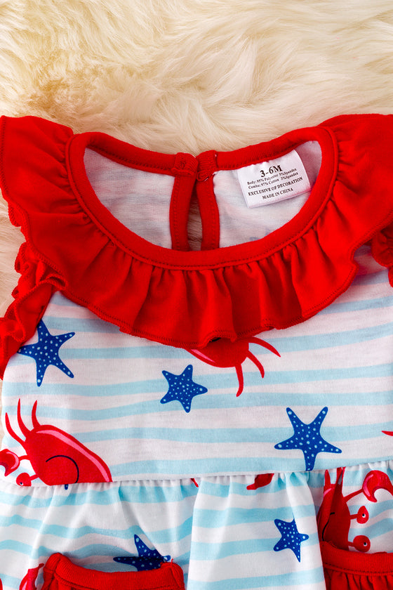 Crab printed baby onesie w/ red trim & snaps. RPG40442 WEN