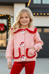 Pink Santa cable knit sweater with red trim & front pockets. TPG60739 AMY