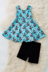 Turquoise cow tag printed scallop hem dress & black shorts. OFG61008 AMY
