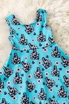 Turquoise cow tag printed scallop hem dress & black shorts. OFG61008 AMY
