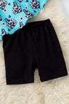 Turquoise cow tag printed scallop hem dress & black shorts. OFG61008 AMY