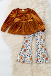 Golden brown velvety long sleeve top and floral bottoms. OFG61421 MON