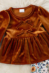 Golden brown velvety long sleeve top and floral bottoms. OFG61421 MON