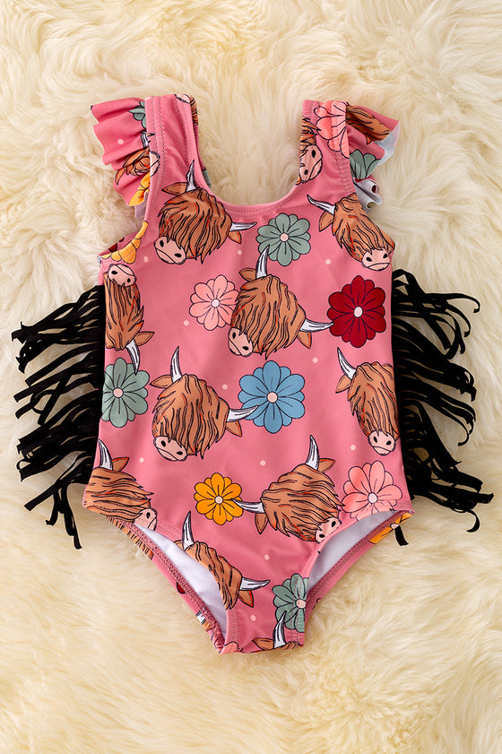Highland cow printed swimsuit with side fringe. SWG40025 sol