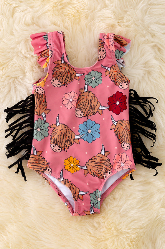 Highland cow printed swimsuit with side fringe. SWG40025 JEAN