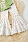 Green ribbed fabric tunic with floral applique bow and floral pants. OFG61403 Mon