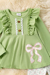 Green ribbed fabric tunic with floral applique bow and floral pants. OFG61403 Mon