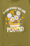 "Bloom where you are planted" Green top and mustard pants.  OFG61419 JEAN