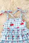 Blue gingham & red cherry printed baby bodysuit. RPG60883 AMY