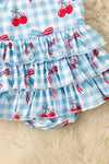Blue gingham & red cherry printed baby bodysuit. RPG60883 AMY