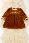 Golden brown faux velvet girls dress w/ floral embroidery. DRG62330 AMY