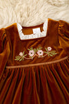 Golden brown faux velvet girls dress w/ floral embroidery. DRG62330 AMY