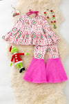 Pink Christmas character printed tunic and bell bottoms with fur. OFG61208 AMY
