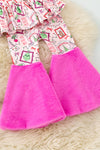 Pink Christmas character printed tunic and bell bottoms with fur. OFG61208 AMY