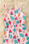 Watermelon printed on pink girls romper with ruffle hem. PNG60246 AMY