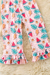 Watermelon printed on pink girls romper with ruffle hem. PNG60246 AMY