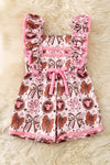 Coquette western bow printed pink & brown girls romper. PNG60128 SOL