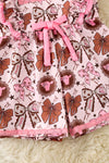 Coquette western bow printed pink & brown girls romper. PNG60128 SOL