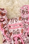 Coquette western bow printed pink & brown girls romper. PNG60128 SOL