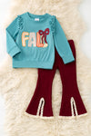 Fall applique on blue sweatshirt with burgundy pants w/open front. OFG61413 SOL