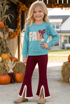 Fall applique on blue sweatshirt with burgundy pants w/open front. OFG61413 SOL